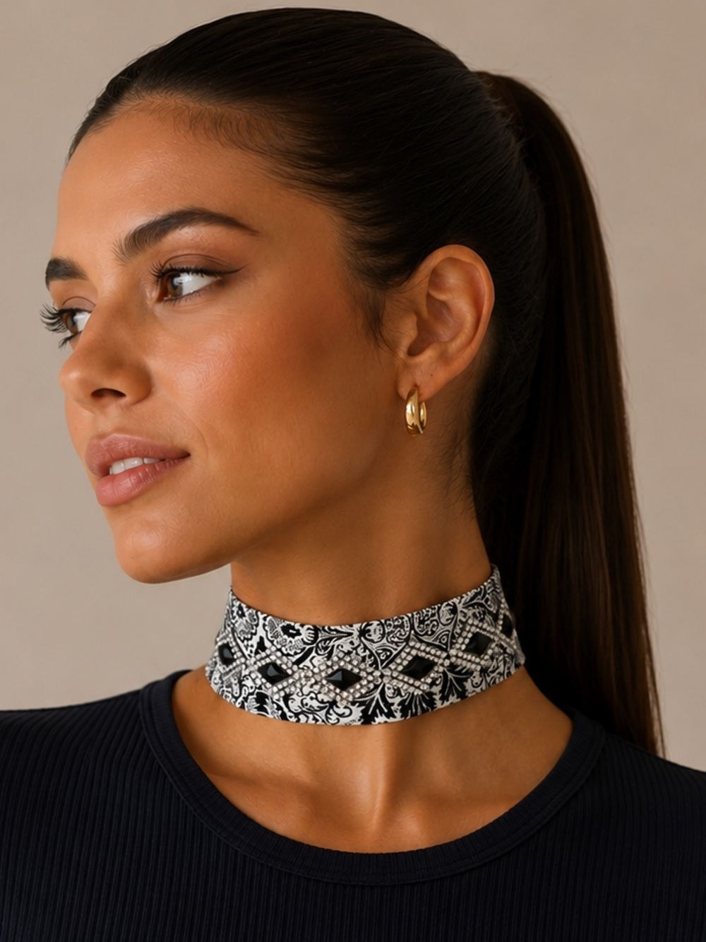 Black & White Bandana Crystal-Embellished Women's Choker Necklace